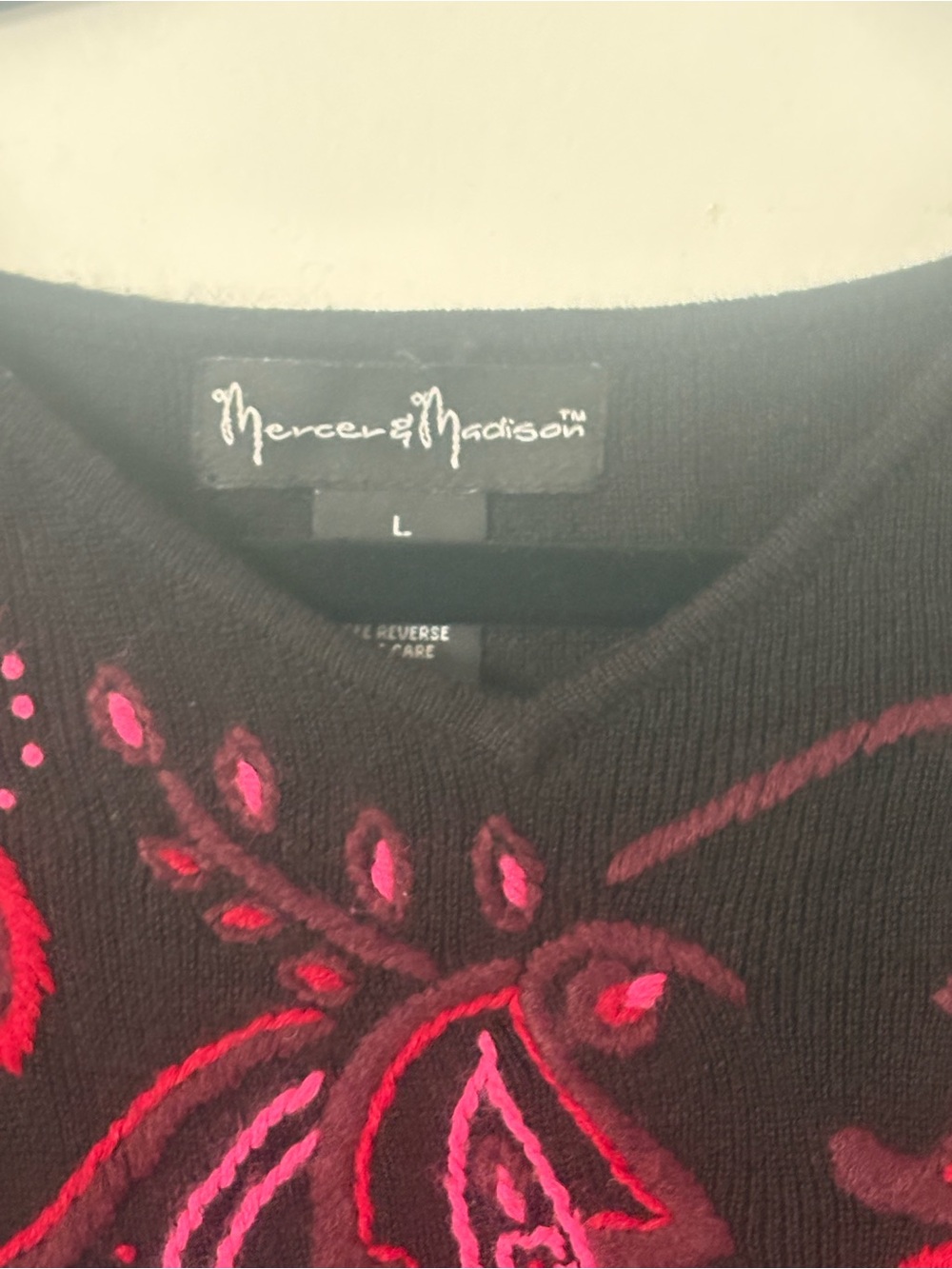 mercer & madison Black V-Neck Sweater with Pink and Red Floral Embroidery